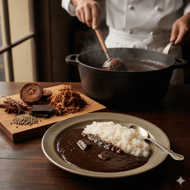 プロの料理人が調理した、深く濃い黒色の本格的な黒カレー。横には炒め玉ねぎや焦がしスパイス、チョコレートなどの隠し味が置かれている。