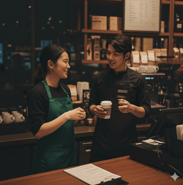 スターバックスのカウンター内で、緑のエプロンをつけた日本人女性スタッフと黒のエプロンをつけた日本人男性バリスタが、笑顔で会話をしている。男性はコーヒーカップを手に持ち、女性は親しみやすい表情で話を聞いている。カウンターには書類やタブレットが置かれ、活気ある職場環境が感じられる。
