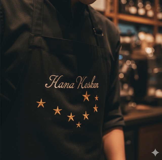 黒いエプロンに刺繍された「Hana Kesken」という名前と、その下に並べられた金色の星のアップ。星の数は複数あり、バリスタの高いスキルと経験を示している。背景はぼけているが、スターバックスの店内を思わせる温かみのある照明が感じられる。