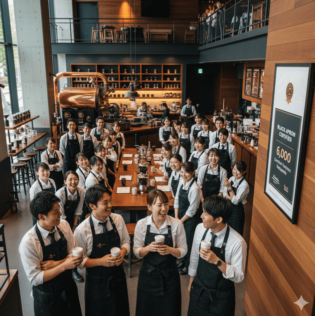 広々としたスターバックスの店舗で、多くの日本人スタッフが笑顔で集まっている集合写真。黒いエプロンを着用したスタッフがほとんどで、一部は白いシャツを着ている。店内には大きなコーヒー焙煎機や木製の棚があり、右側の壁には「BLACK APRON CERTIFIED 6,000」と書かれたパネルが飾られている。