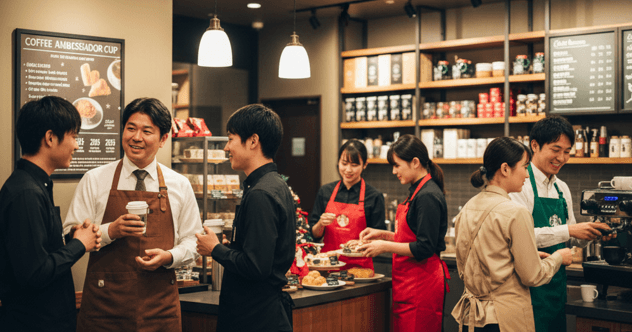 スターバックスの店内で、様々な色のエプロンを着用した日本人スタッフたちが働いている。茶色エプロンの男性はコーヒーカップを片手に他のスタッフと談笑し、赤色エプロンの女性スタッフは商品を準備している。ベージュエプロンのスタッフもおり、それぞれの役割が視覚的に伝わる。