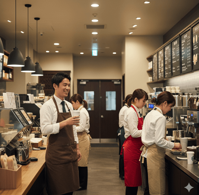 スターバックスの店内で、異なる色のエプロンを着用した日本人スタッフたちがそれぞれの業務に励んでいる。手前に茶色エプロンの男性スタッフがコーヒーカップを持って笑顔で立っており、奥には赤色やベージュのエプロンをつけた女性スタッフが忙しく働いている。