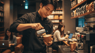 スターバックスの黒エプロンを着用した日本人男性バリスタが、顧客のためにラテアートを丁寧に作成している様子。落ち着いた雰囲気の店内には、コーヒー豆の棚や作業スペースが広がり、客席でPC作業をする客の姿も見える。