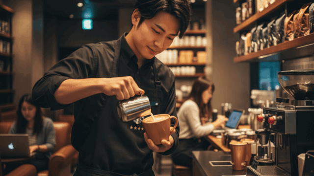スターバックスの黒エプロンを着用した日本人男性バリスタが、顧客のためにラテアートを丁寧に作成している様子。落ち着いた雰囲気の店内には、コーヒー豆の棚や作業スペースが広がり、客席でPC作業をする客の姿も見える。