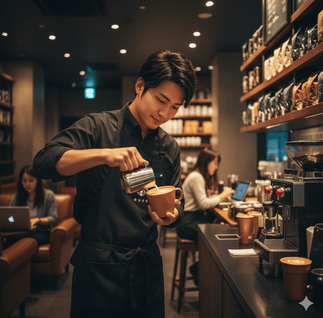 スターバックスの黒エプロンを着用した日本人男性バリスタが、顧客のためにラテアートを丁寧に作成している様子。落ち着いた雰囲気の店内には、コーヒー豆の棚や作業スペースが広がり、客席でPC作業をする客の姿も見える。