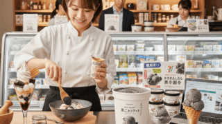 和風のデザートショップで、笑顔の女性スタッフがカウンター越しに黒ごまアイスの盛り付けをしている様子。周りには様々な黒ごまアイスの商品やトッピングが並べられている。