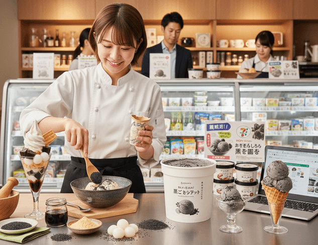 和風のデザートショップで、笑顔の女性スタッフがカウンター越しに黒ごまアイスの盛り付けをしている様子。周りには様々な黒ごまアイスの商品やトッピングが並べられている。