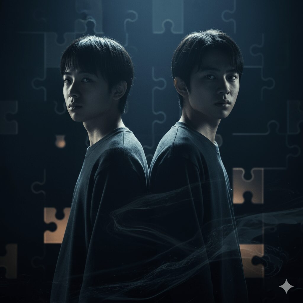 映画「怪物」とドラマ「テセウスの船」の役柄イメージの混同を象徴する、背中合わせに立つ二人の影のある日本の少年