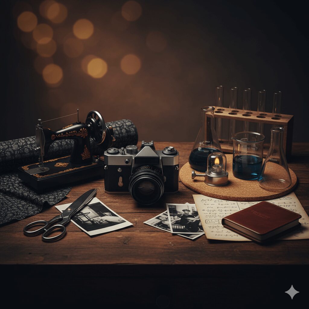黒川想矢の多面的な趣味（写真、裁縫、科学研究）を象徴する、カメラと裁縫道具とフラスコが並んだおしゃれな構図
