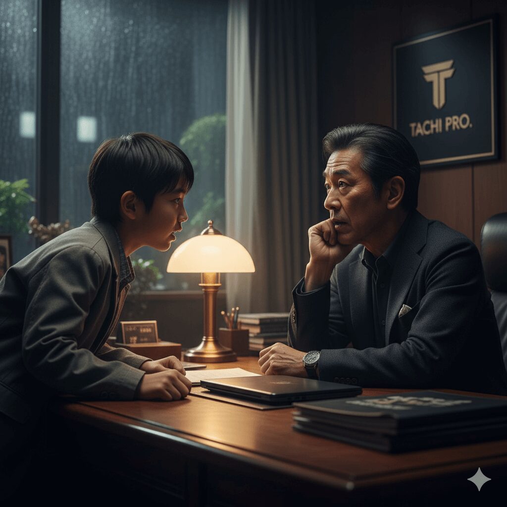 12歳の黒川想矢が舘プロへ直談判したエピソードを表現する、年配の男性に情熱的に訴えかける日本の少年