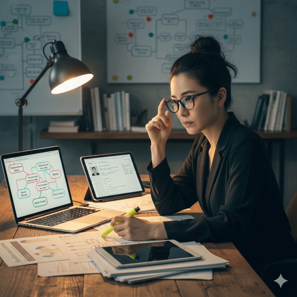 黒川想矢とテセウスの船に関する情報をファクトチェックする、真剣な表情で資料を調査する知的な日本人女性