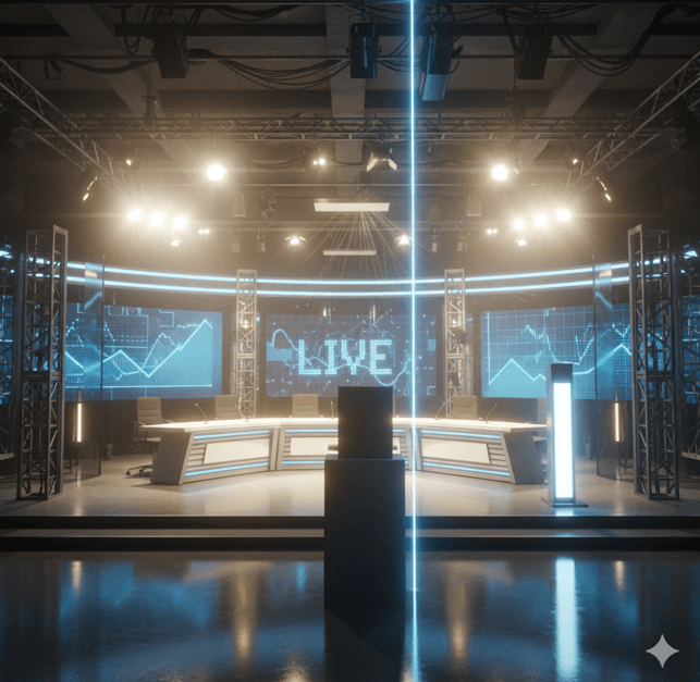 『そこまで言って委員会NP』での結婚発表をイメージした、明るいライトが照らされるテレビスタジオの抽象的な風景。