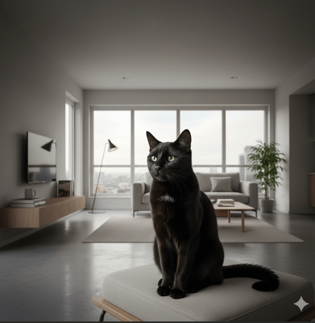 黒木アナの自立性を象徴する、モダンな部屋でマイペースに座る一匹の黒猫。