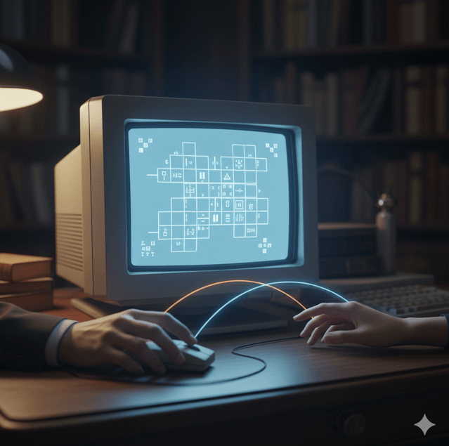 抽象的なパズルゲームが映るレトロなPCモニターに向かって、二人の手が伸びている様子。知的な出会いを象徴する。