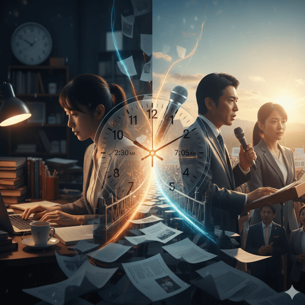 「左右に分割された写実的な画像。左側では、50前後の日本人女性がオフィスで穏やかに誰かを支える姿が描かれている。右側では、同じ女性がデスクで原稿を手に取り、編集者として熱心にイニシアチブをとって作業している。」