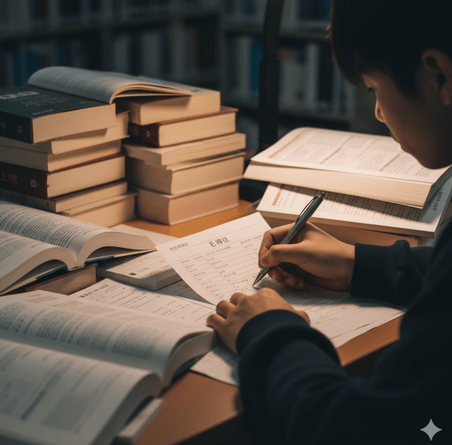 図書館の机で、山積みの参考書とE判定を思わせる成績表を前にペンを握る学生の手元。