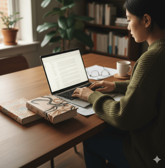 デスクに置かれた2冊の小説と、ノートパソコンで原稿を編集する編集者の手元。
