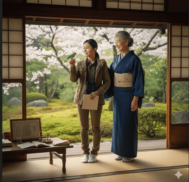 桜の咲く日本庭園を背景に、着物を着た年配の日本人女性が、肩に手を置きながら、鳥を手に乗せた若い日本人女性（黒田清子さんをイメージ）を優しく見守っている。若い女性はバードウォッチングに適した服装をしている。画像4