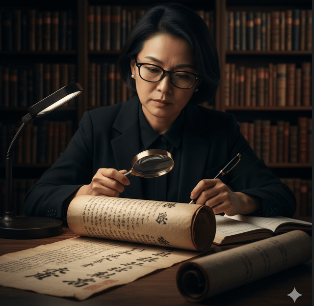 図書館のような書棚を背景に、知的な日本人女性がデスクライトの光の下で、巻物に書かれた文字をルーペで熱心に確認しながらメモを取っている。