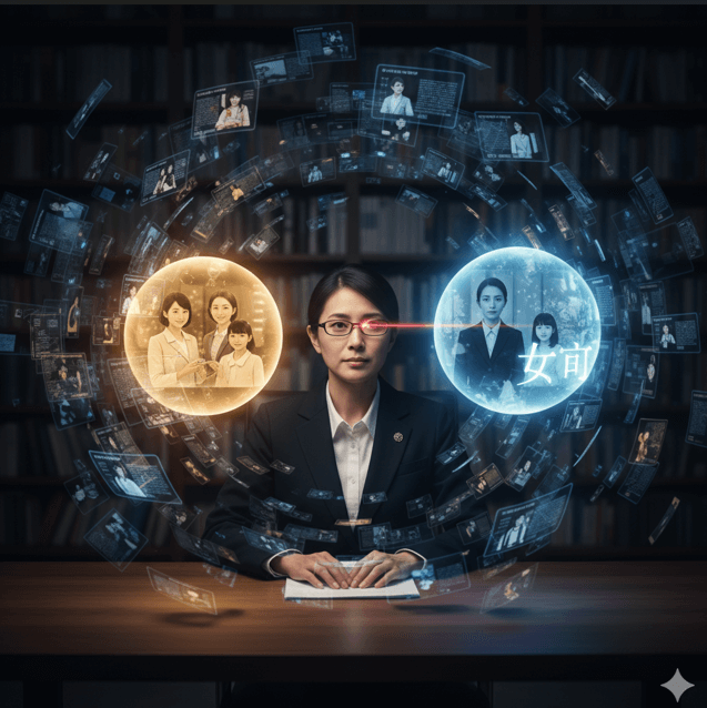 書斎でデスクに向かう真剣な表情の日本人女性の周りに、情報が球状に飛び交っている。女性の視線は、一つの情報球にレーザーのように向けられている。「女官のようだ」の噂が作りあがられる瞬間をイメージ