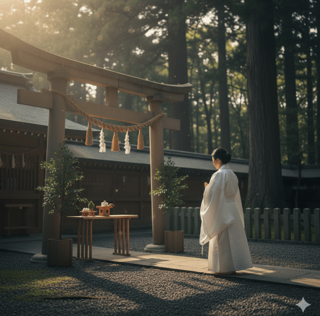 早朝の柔らかな光が差し込む森の中、白い装束をまとった日本人女性（黒田清子さんをイメージ）が神社の鳥居の前で、静かに手を合わせて祈っている。