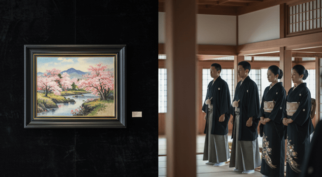 左側には黒い壁に飾られた、桜の風景画の額縁が写っており、右側には日本の伝統的な家屋で、黒い和装を身に着けた複数の日本人男女が並んで立っている。