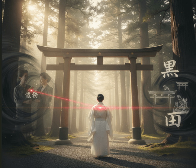 神聖な森の中、神社の鳥居の前に立つ白い装束の日本人女性。彼女の背後には、過去の記憶が幽霊のように浮かび上がり、未来には「黒田」という文字と鳥居や鳥のモチーフが描かれている。