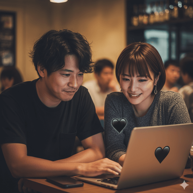 カフェで親しい友人と会話し、ブラックジョークを共有しているような皮肉な笑みを浮かべる日本人。