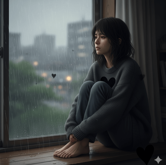 雨が降る窓の外を眺め、黒ハートが持つ悲しみやメランコリックな気分を表現するアジア人女性。