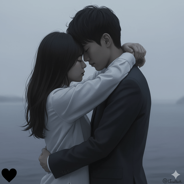 黒ハートが象徴する「重い愛」や献身を表現する、薄暗い中で深く抱きしめ合う日本人カップル。