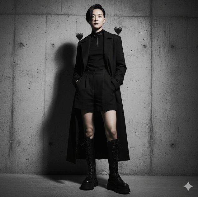 インスタグラムで使われる黒ハートを象徴する、モノトーンでクールなファッションのアジア人モデル。