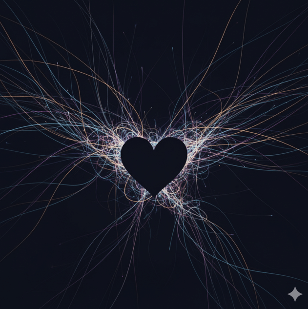 複雑で多面的な感情（悲しみ、喜び、神秘性など）が、一つの中央の黒いハートのシルエットから様々な光の筋として広がる、抽象的で芸術的な表現。