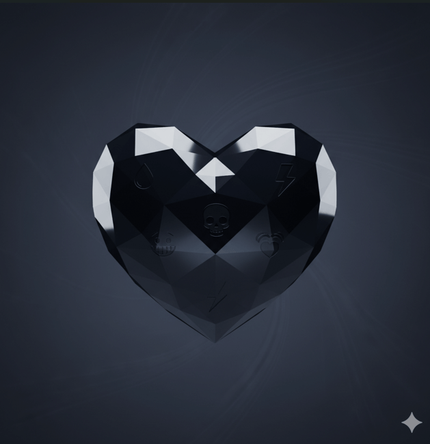 黒いハートの絵文字が持つ多面的な意味を象徴する、光沢のある黒いハートの3Dアイコン。