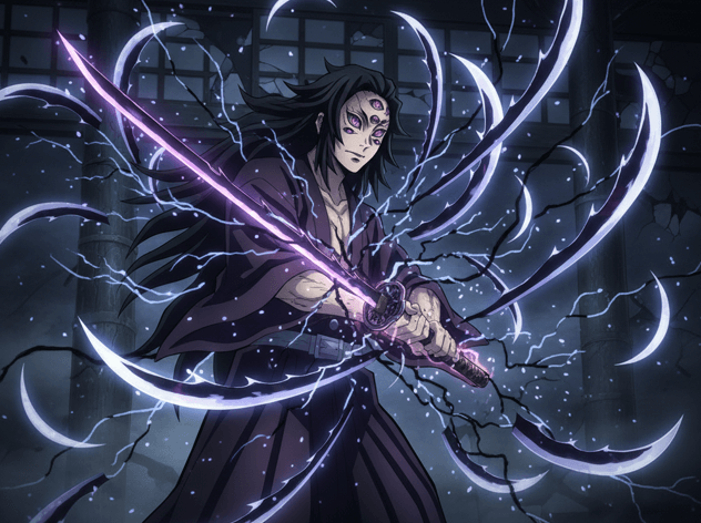 黒死牟が「月の呼吸」の剣技を放ち、無数の三日月状の刃が飛び交う戦闘シーンのイメージ。