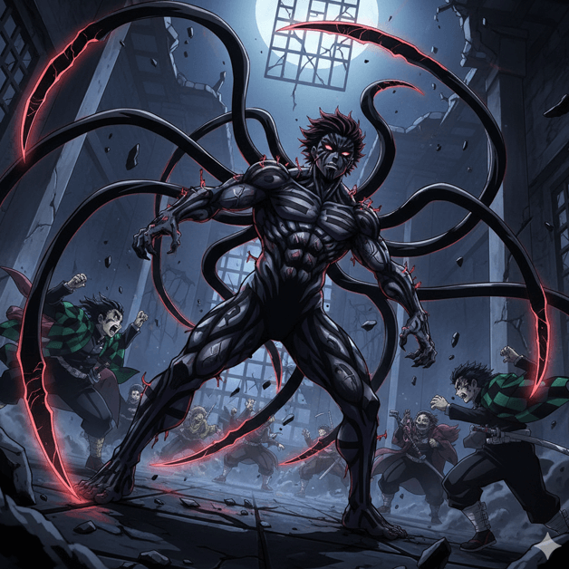 鬼舞辻無惨が戦闘形態となり、背中から無数の禍々しい触手を伸ばして広範囲を攻撃するイメージ。