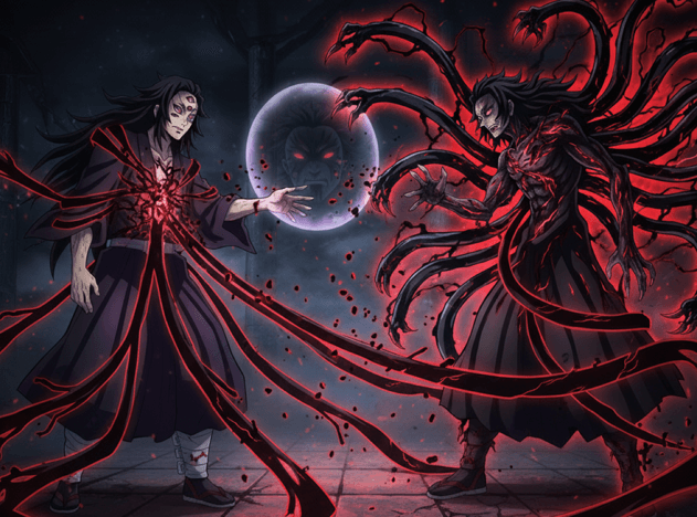 代替テキスト(alt): 　- 無惨が「始祖の呪い」によって黒死牟を支配している様子を象徴するイメージ。絶対的な主従関係