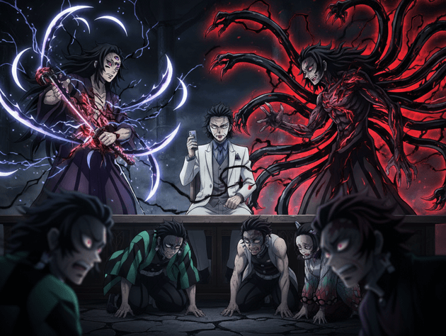 鬼滅の刃の黒死牟と鬼舞辻無惨が対峙するイメージ。最強の鬼同士の強さを比較する記事の導入