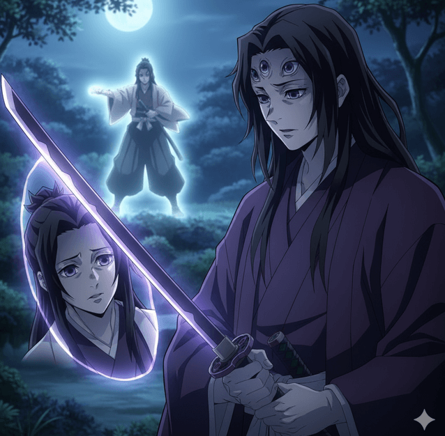 自身の刀に映る人間時代の自分を見つめる黒死牟。武の探求の果てに人間性を失った悲劇性を象徴するイメージ。