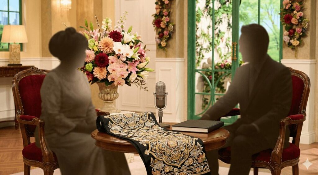 豪華なトーク番組風のスタジオセット。向かい合う2脚のアンティークチェアに、特徴的な髪型の女性とスーツの男性の半透明なシルエットが座っている。中央のテーブルには、美しい刺繍布、ヴィンテージマイク、空白の革本が置かれ、背景には華やかな花束と緑豊かな庭園の窓が見える。