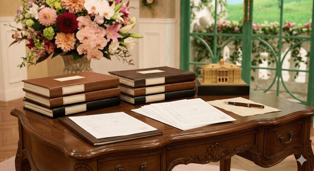 アンティーク調の木製デスクの上に、整然と積まれた革表紙のバインダー、数枚の調査書類、万年筆、そして黄金の建物模型が置かれている風景。背景には花束と緑豊かな庭園の窓が見える。